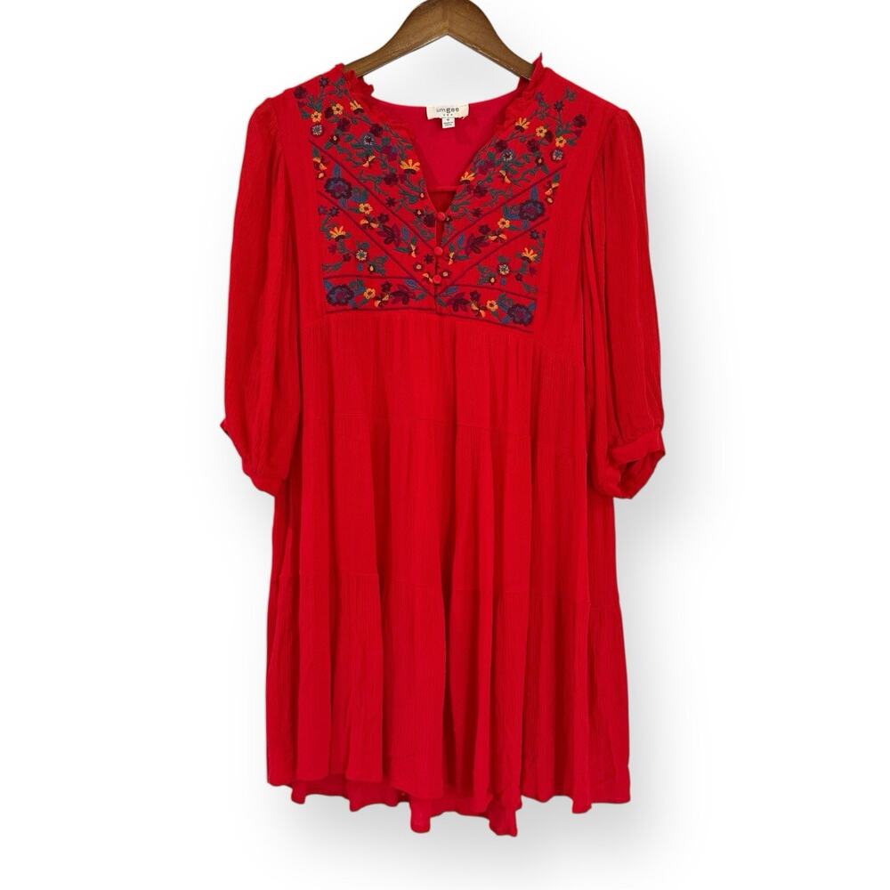Umgee Red Embroidered 3/4 Sleeve Mini Dress Tunic Size M Boho V-Neck Gauzy